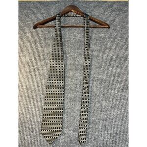 RBM Collection Mens Silk Tie Black Gold Geometric Grid Pattern Hand Made 4 Inch